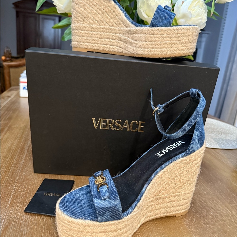 Versace Blue Denim Wedge Sandals